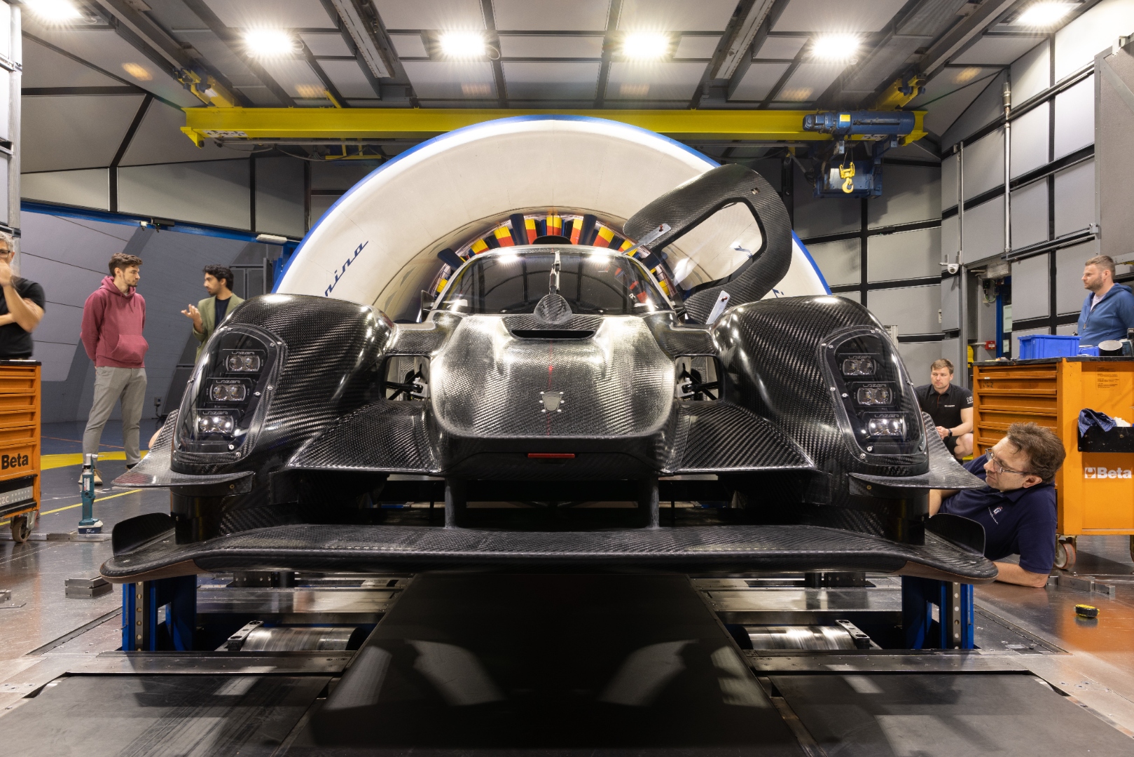 Kalana on the Pininfarina rolling road, front view, team gathered