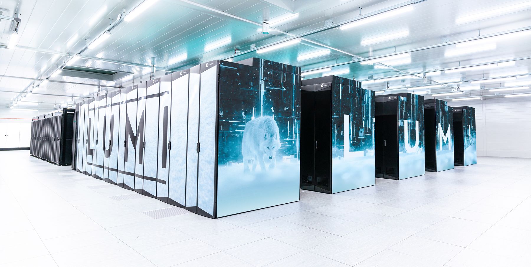 LUMI supercomputer cabinets at the CSC data centre in Kajaani, Finland
